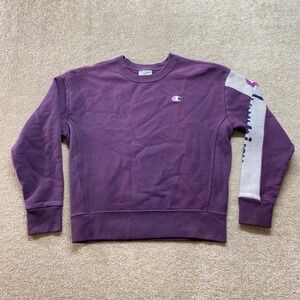Champion Reverse Weave Sweatshirt Womens Large Purple Colorblock Sleeve Crewneck